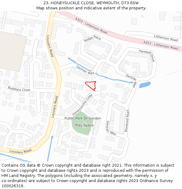 23, HONEYSUCKLE CLOSE, WEYMOUTH, DT3 6SW: Location map and indicative extent of plot