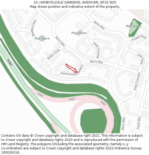 23, HONEYSUCKLE GARDENS, ANDOVER, SP10 3DD: Location map and indicative extent of plot