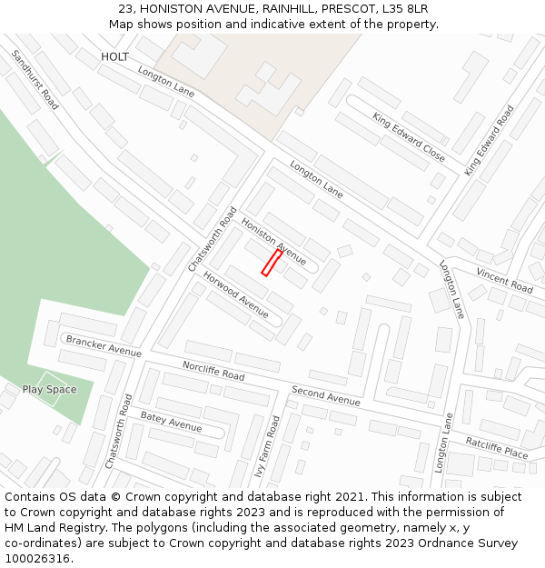 23, HONISTON AVENUE, RAINHILL, PRESCOT, L35 8LR: Location map and indicative extent of plot