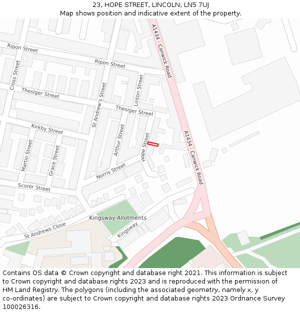 23, HOPE STREET, LINCOLN, LN5 7UJ: Location map and indicative extent of plot