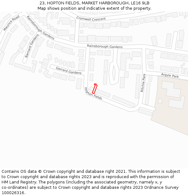23, HOPTON FIELDS, MARKET HARBOROUGH, LE16 9LB: Location map and indicative extent of plot