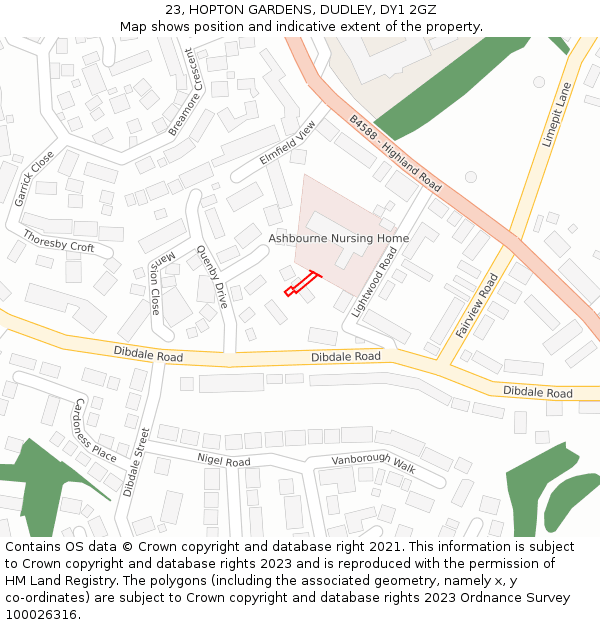 23, HOPTON GARDENS, DUDLEY, DY1 2GZ: Location map and indicative extent of plot