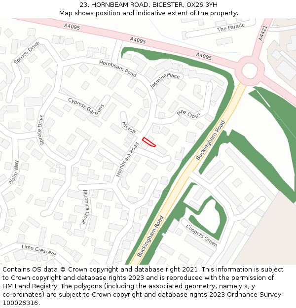 23, HORNBEAM ROAD, BICESTER, OX26 3YH: Location map and indicative extent of plot