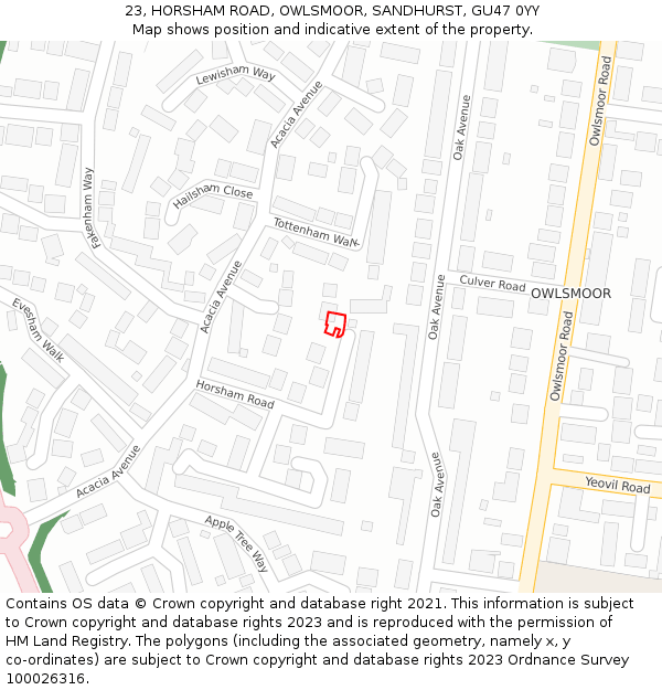 23, HORSHAM ROAD, OWLSMOOR, SANDHURST, GU47 0YY: Location map and indicative extent of plot