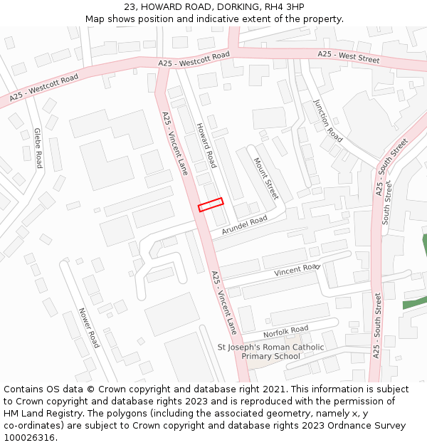 23, HOWARD ROAD, DORKING, RH4 3HP: Location map and indicative extent of plot