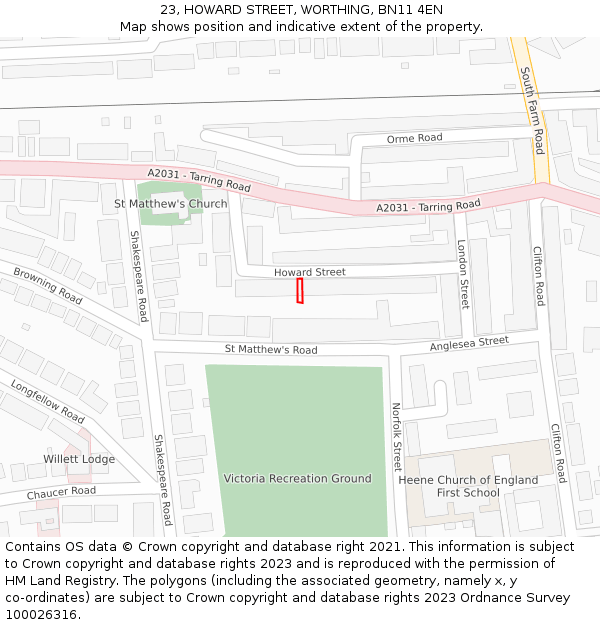 23, HOWARD STREET, WORTHING, BN11 4EN: Location map and indicative extent of plot
