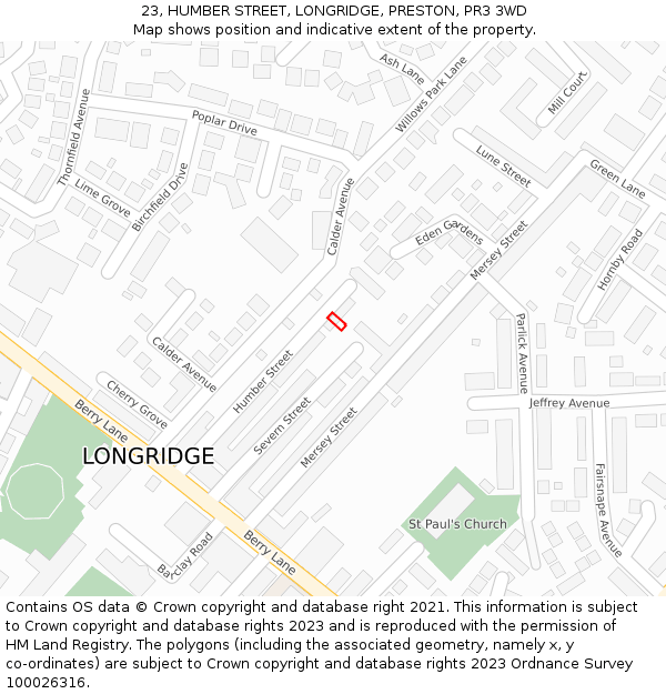 23, HUMBER STREET, LONGRIDGE, PRESTON, PR3 3WD: Location map and indicative extent of plot