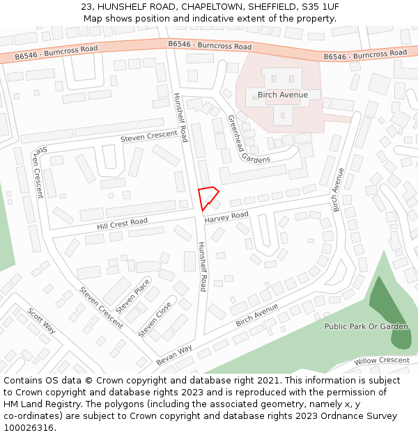 23, HUNSHELF ROAD, CHAPELTOWN, SHEFFIELD, S35 1UF: Location map and indicative extent of plot