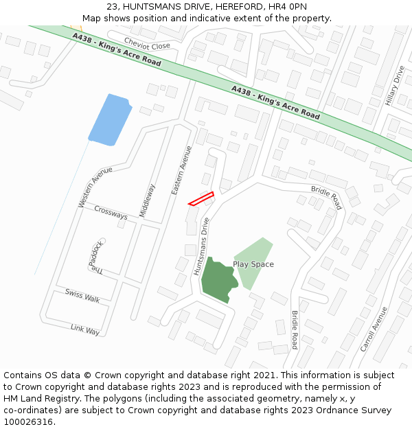 23, HUNTSMANS DRIVE, HEREFORD, HR4 0PN: Location map and indicative extent of plot
