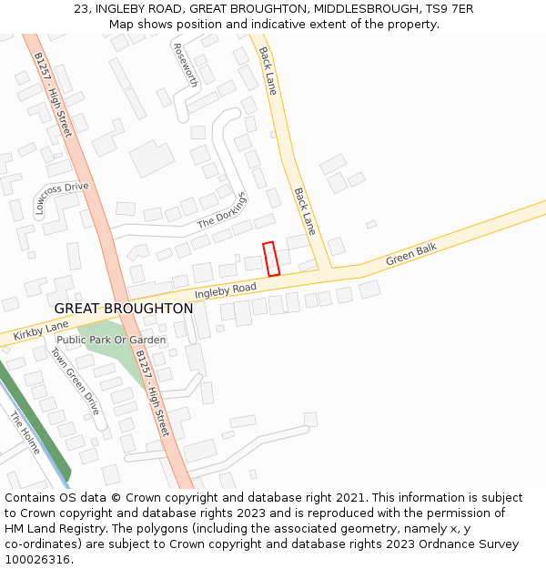 23, INGLEBY ROAD, GREAT BROUGHTON, MIDDLESBROUGH, TS9 7ER: Location map and indicative extent of plot