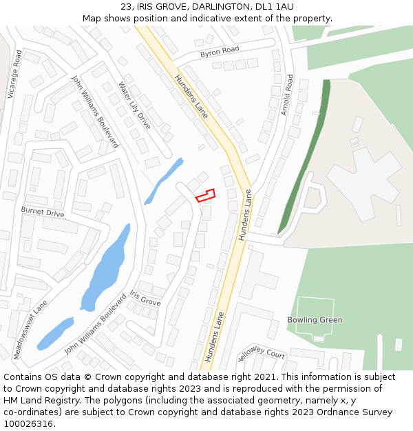 23, IRIS GROVE, DARLINGTON, DL1 1AU: Location map and indicative extent of plot
