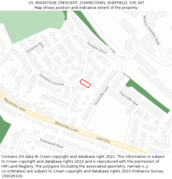23, IRONSTONE CRESCENT, CHAPELTOWN, SHEFFIELD, S35 3XT: Location map and indicative extent of plot