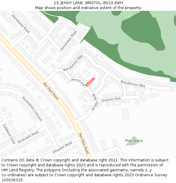 23, JENNY LANE, BRISTOL, BS10 6WH: Location map and indicative extent of plot