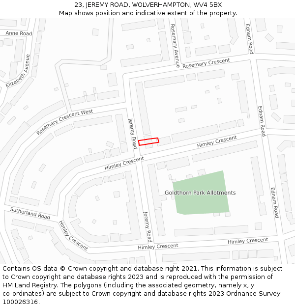 23, JEREMY ROAD, WOLVERHAMPTON, WV4 5BX: Location map and indicative extent of plot