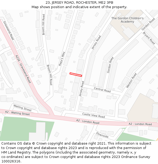 23, JERSEY ROAD, ROCHESTER, ME2 3PB: Location map and indicative extent of plot