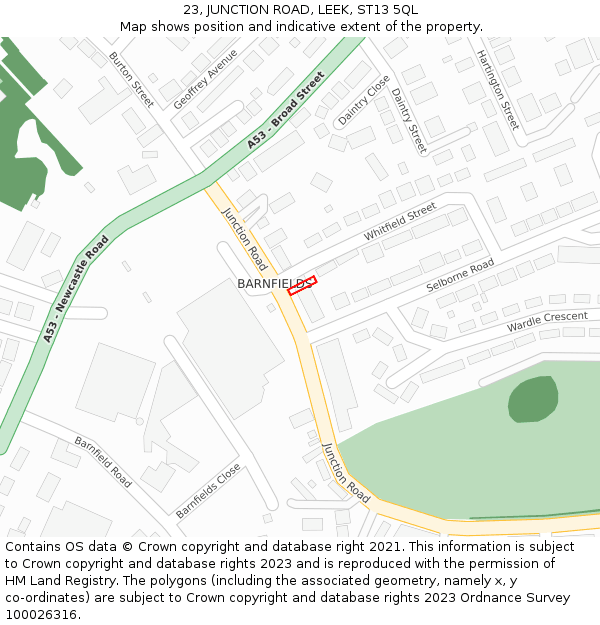 23, JUNCTION ROAD, LEEK, ST13 5QL: Location map and indicative extent of plot