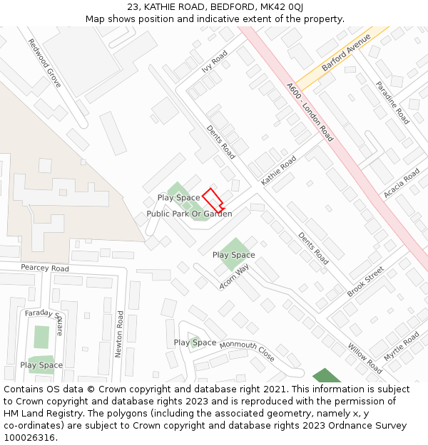 23, KATHIE ROAD, BEDFORD, MK42 0QJ: Location map and indicative extent of plot