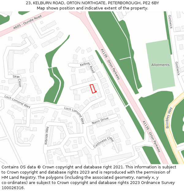 23, KELBURN ROAD, ORTON NORTHGATE, PETERBOROUGH, PE2 6BY: Location map and indicative extent of plot