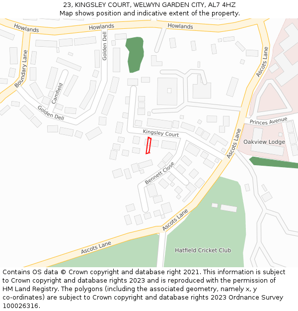 23, KINGSLEY COURT, WELWYN GARDEN CITY, AL7 4HZ: Location map and indicative extent of plot