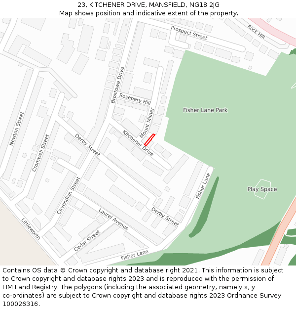 23, KITCHENER DRIVE, MANSFIELD, NG18 2JG: Location map and indicative extent of plot