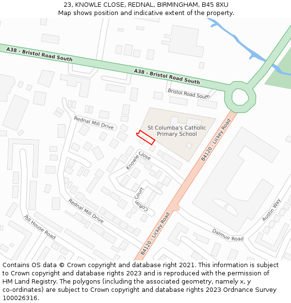 23, KNOWLE CLOSE, REDNAL, BIRMINGHAM, B45 8XU: Location map and indicative extent of plot