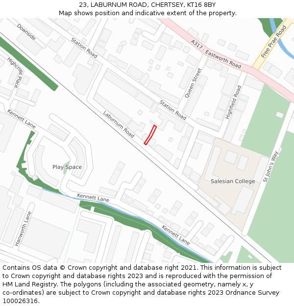 23, LABURNUM ROAD, CHERTSEY, KT16 8BY: Location map and indicative extent of plot