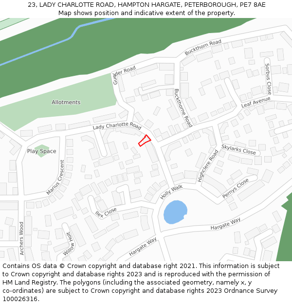 23, LADY CHARLOTTE ROAD, HAMPTON HARGATE, PETERBOROUGH, PE7 8AE: Location map and indicative extent of plot