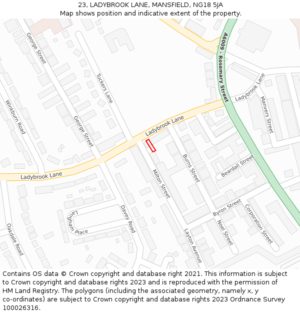 23, LADYBROOK LANE, MANSFIELD, NG18 5JA: Location map and indicative extent of plot