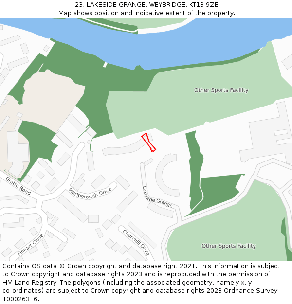 23, LAKESIDE GRANGE, WEYBRIDGE, KT13 9ZE: Location map and indicative extent of plot