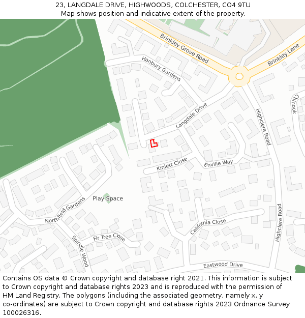 23, LANGDALE DRIVE, HIGHWOODS, COLCHESTER, CO4 9TU: Location map and indicative extent of plot