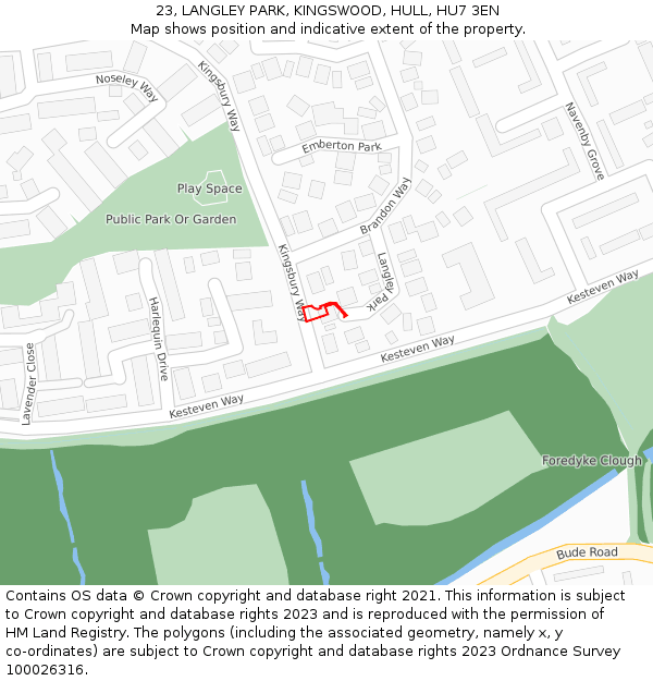 23, LANGLEY PARK, KINGSWOOD, HULL, HU7 3EN: Location map and indicative extent of plot