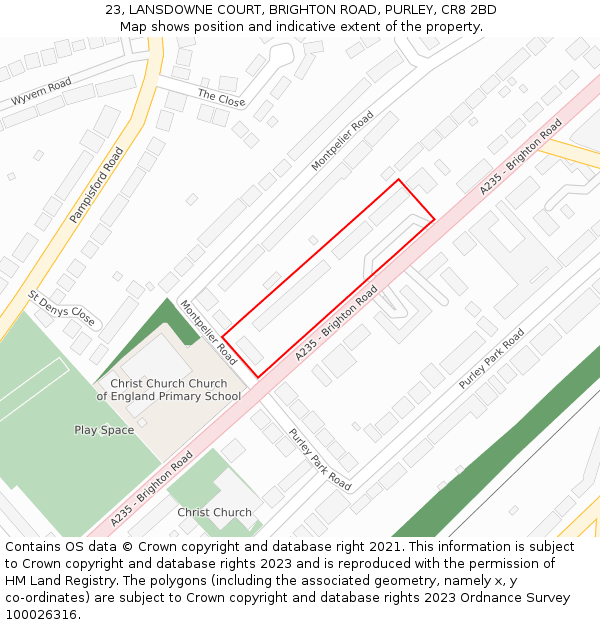 23, LANSDOWNE COURT, BRIGHTON ROAD, PURLEY, CR8 2BD: Location map and indicative extent of plot