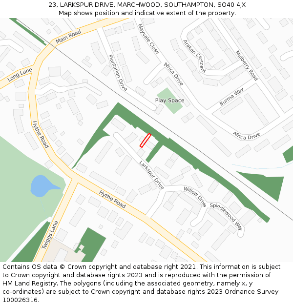 23, LARKSPUR DRIVE, MARCHWOOD, SOUTHAMPTON, SO40 4JX: Location map and indicative extent of plot