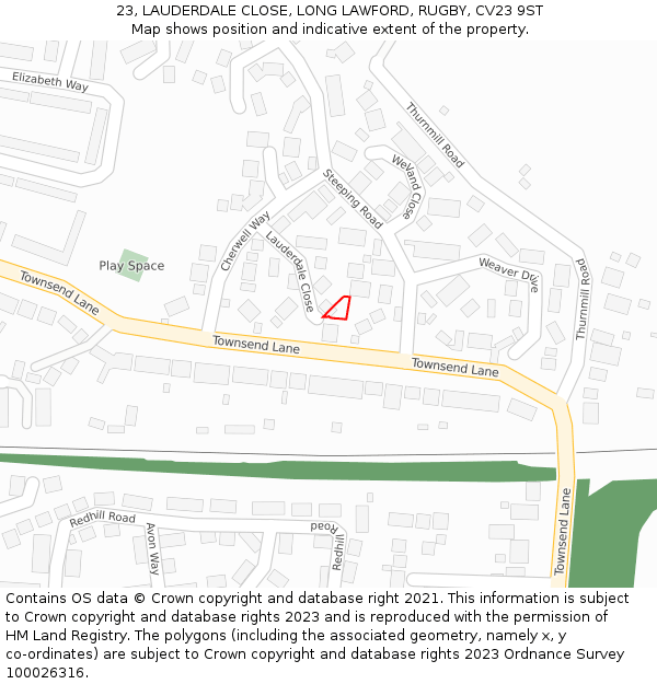 23, LAUDERDALE CLOSE, LONG LAWFORD, RUGBY, CV23 9ST: Location map and indicative extent of plot