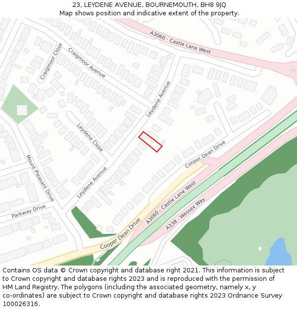 23, LEYDENE AVENUE, BOURNEMOUTH, BH8 9JQ: Location map and indicative extent of plot