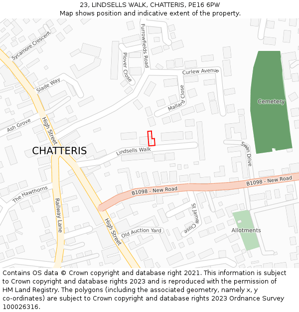 23, LINDSELLS WALK, CHATTERIS, PE16 6PW: Location map and indicative extent of plot