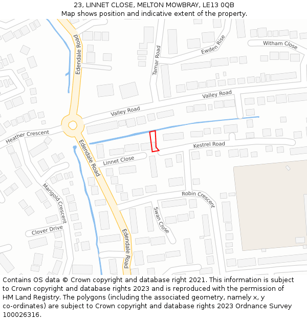 23, LINNET CLOSE, MELTON MOWBRAY, LE13 0QB: Location map and indicative extent of plot