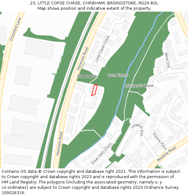 23, LITTLE COPSE CHASE, CHINEHAM, BASINGSTOKE, RG24 8GL: Location map and indicative extent of plot