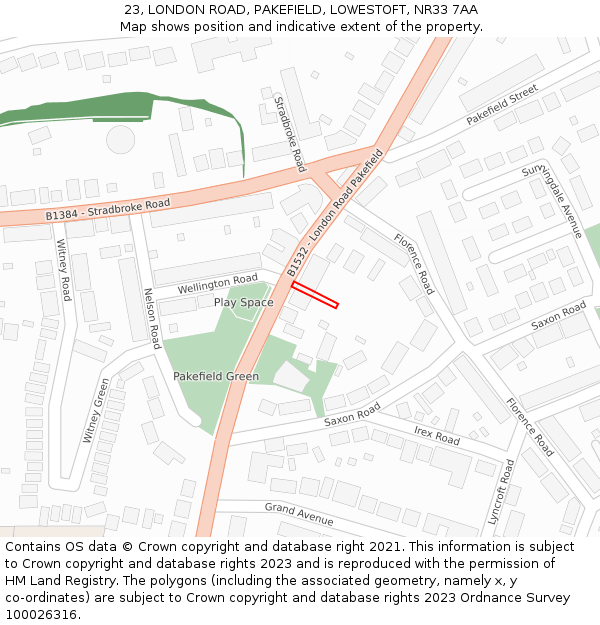 23, LONDON ROAD, PAKEFIELD, LOWESTOFT, NR33 7AA: Location map and indicative extent of plot
