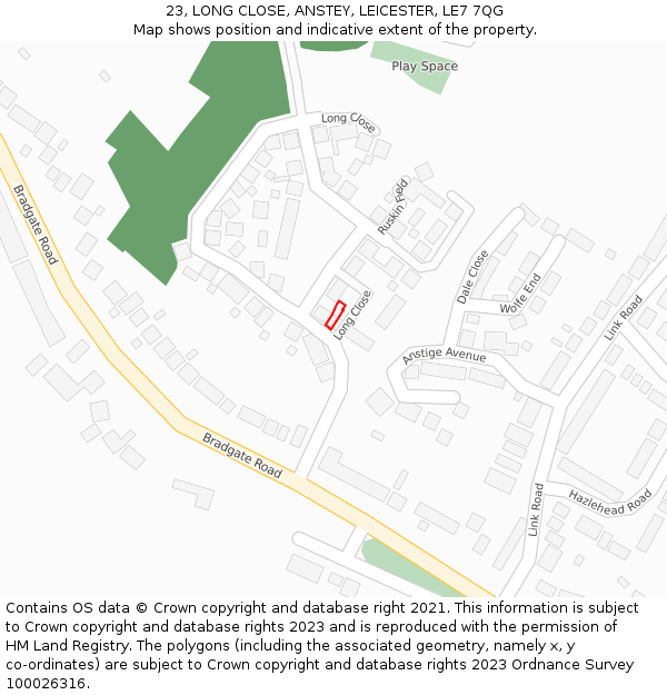 23, LONG CLOSE, ANSTEY, LEICESTER, LE7 7QG: Location map and indicative extent of plot