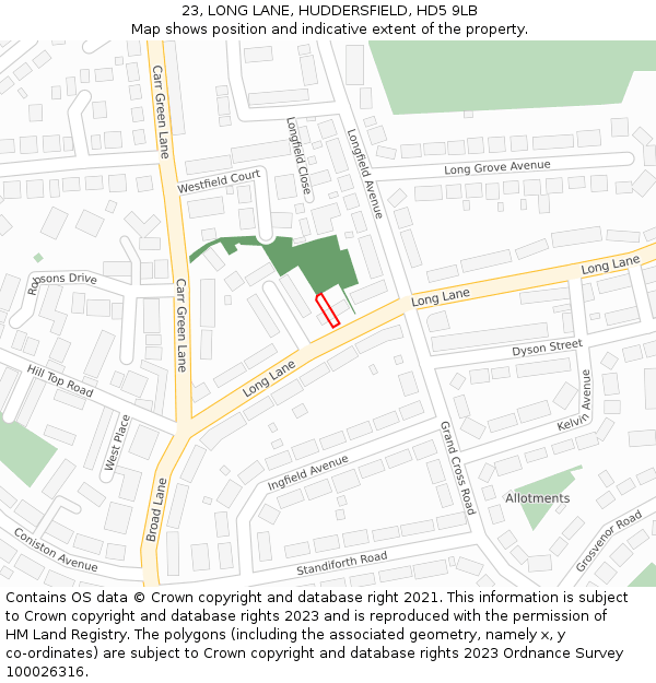 23, LONG LANE, HUDDERSFIELD, HD5 9LB: Location map and indicative extent of plot