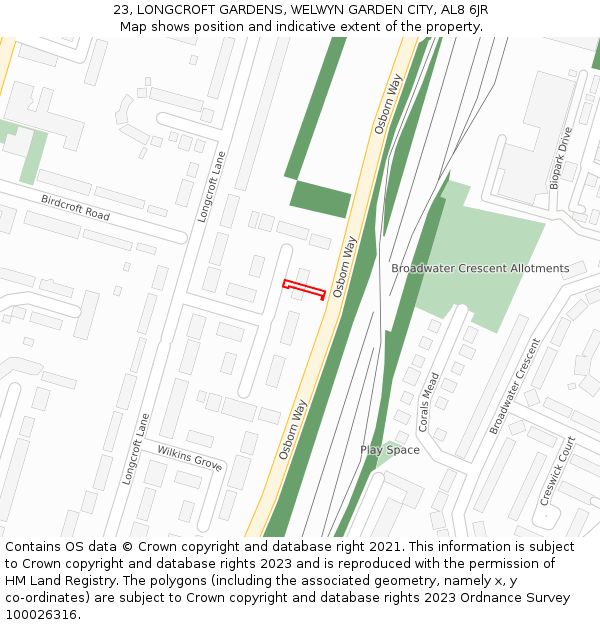 23, LONGCROFT GARDENS, WELWYN GARDEN CITY, AL8 6JR: Location map and indicative extent of plot