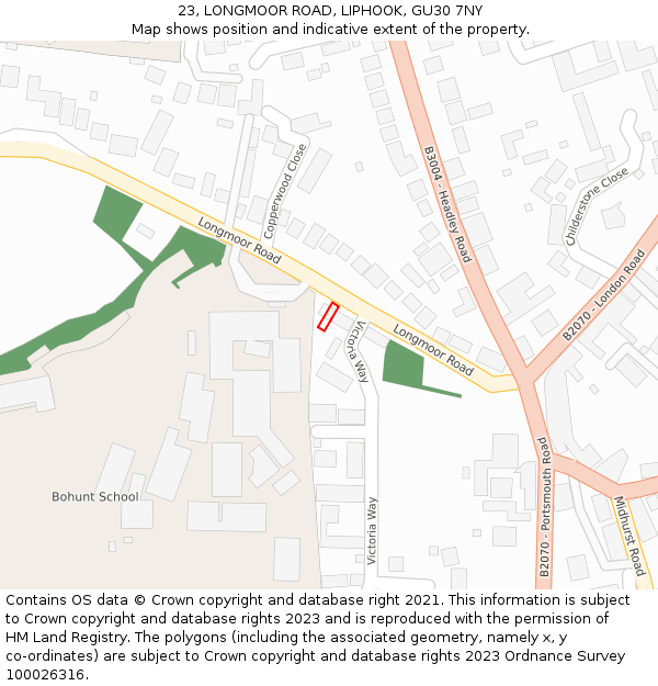 23, LONGMOOR ROAD, LIPHOOK, GU30 7NY: Location map and indicative extent of plot