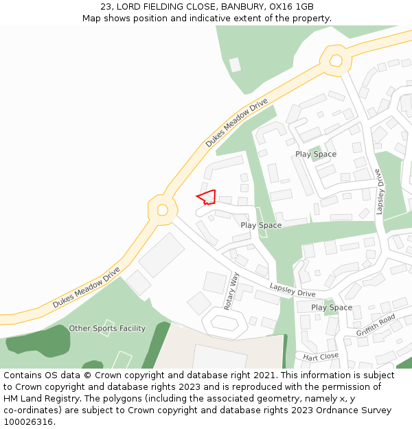 23, LORD FIELDING CLOSE, BANBURY, OX16 1GB: Location map and indicative extent of plot