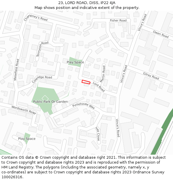 23, LORD ROAD, DISS, IP22 4JA: Location map and indicative extent of plot