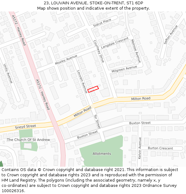 23, LOUVAIN AVENUE, STOKE-ON-TRENT, ST1 6DP: Location map and indicative extent of plot