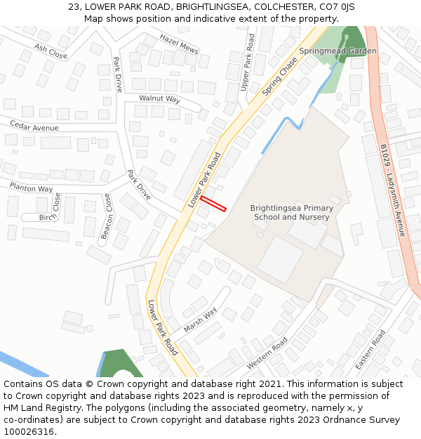 23, LOWER PARK ROAD, BRIGHTLINGSEA, COLCHESTER, CO7 0JS: Location map and indicative extent of plot
