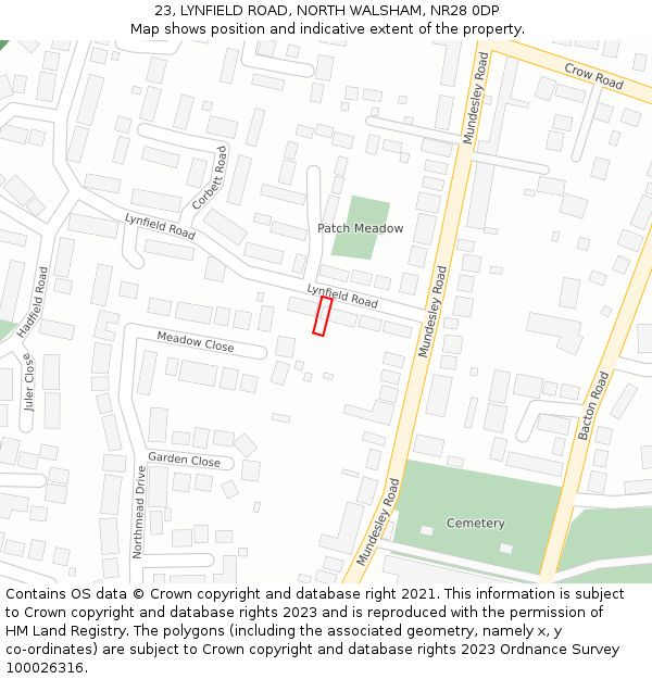 23, LYNFIELD ROAD, NORTH WALSHAM, NR28 0DP: Location map and indicative extent of plot