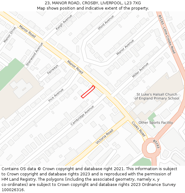 23, MANOR ROAD, CROSBY, LIVERPOOL, L23 7XG: Location map and indicative extent of plot