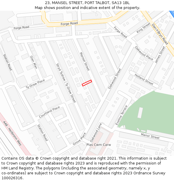 23, MANSEL STREET, PORT TALBOT, SA13 1BL: Location map and indicative extent of plot